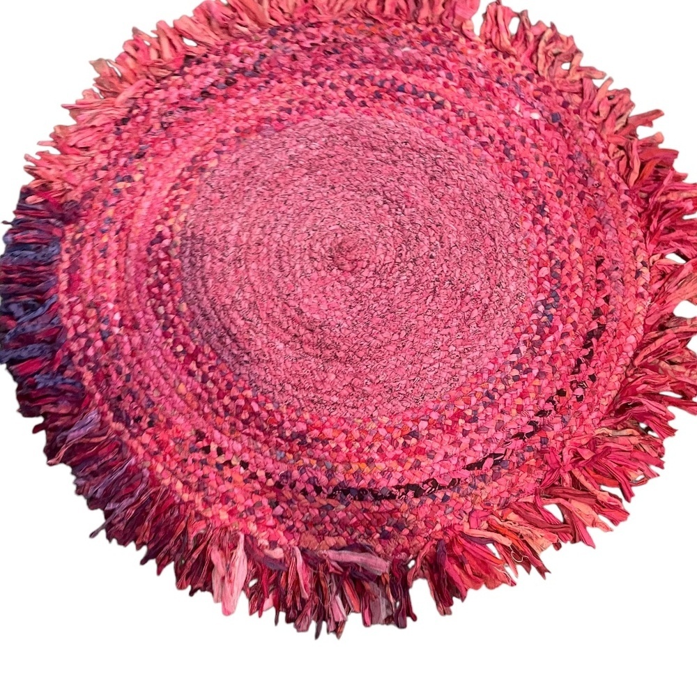 NWOT Handmade Braided Multi Color Block‎ Rag Rug With Fringe Round Rug, - Picture 8 of 12